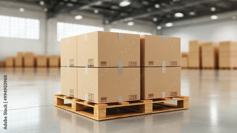 Stacked cardboard boxes ready for shipment, placed on a wooden pallet in a bright warehouse setting. Stacked cardboard boxes ready for shipment, placed on a wooden pallet in a bright warehouse setting.