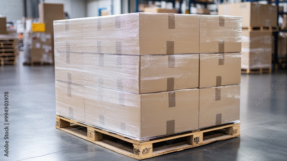 Stacked cardboard boxes ready for shipment, placed on a wooden pallet in a bright warehouse setting. Stacked cardboard boxes ready for shipment, placed on a wooden pallet in a bright warehouse setting.