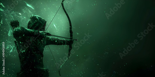 Skilled Archer Takes Aim with Bow and Arrow in Mystical Green Mist