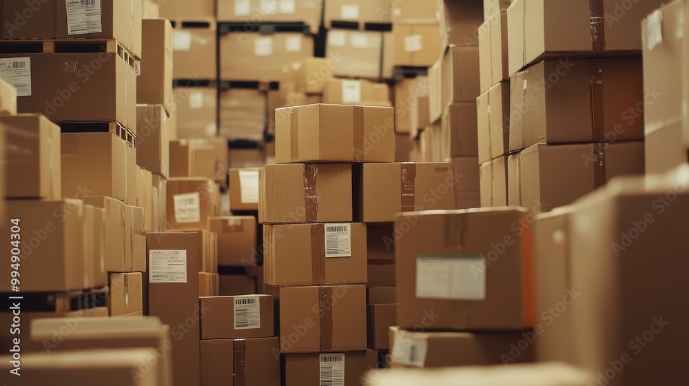 Stacks of brown cardboard boxes in a shipping warehouse, with barcode labels visible.