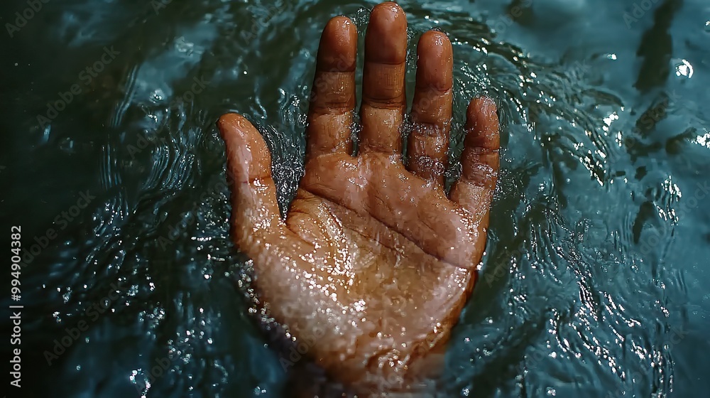 Fototapeta premium A single hand needing help, submerged in river water.