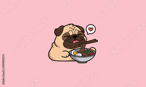 Adorable pug enjoying a bowl of ramen with a heart