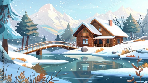 Snowy Winter Scene: Cartoon Vector Illustration of a Wooden Cabin on the Shore of a Lake or River with Bridge and Snowy Hills