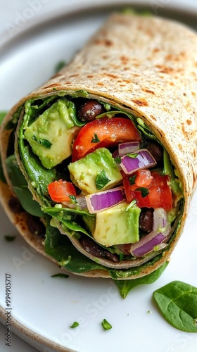 A delicious avocado and black bean wrap with spinach, red onions, and a zesty cilantro lime dressing, wrapped in whole grain tortilla photo