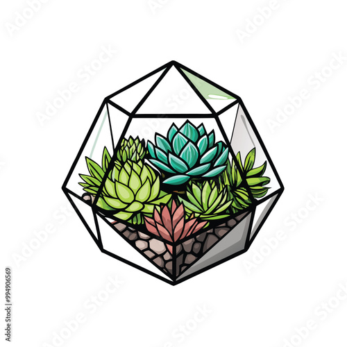 A hand-drawn illustration of a geometric glass terrarium with a collection of echeveria succulents inside.