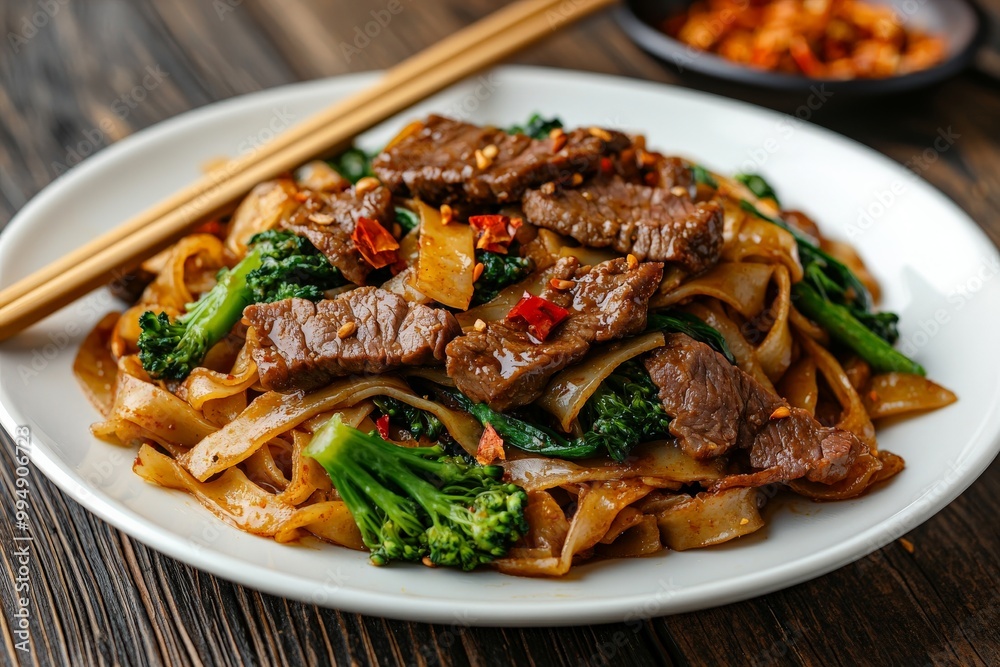 A flavorful Thai pad see ew with stir-fried flat rice noodles, Chinese broccoli, and tender slices of beef, garnished with chili flakes A flavorful Thai pad see ew with stir-fried flat rice noodles, Chinese broccoli, and tender slices of beef, garnished with chili flakes
