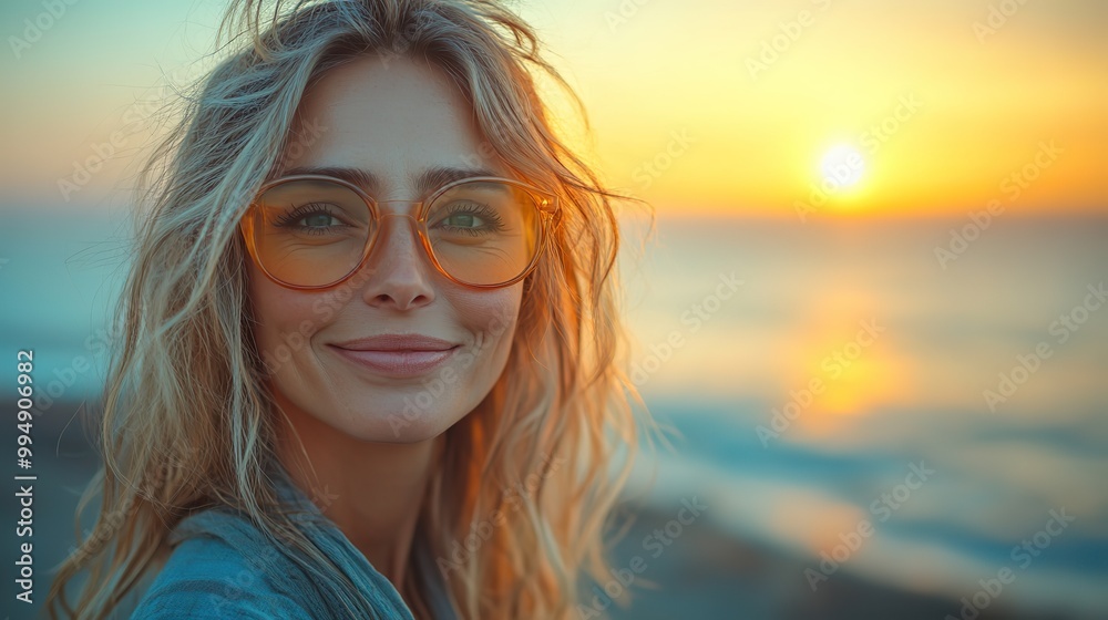 A smiling mature woman at the beach at sunrise feels happy and joyful, savoring the sunny weather and the natural, relaxed lifestyle by the ocean. A smiling mature woman at the beach at sunrise feels happy and joyful, savoring the sunny weather and the natural, relaxed lifestyle by the ocean.