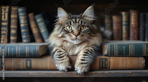 A cat lounging on vintage books in a cozy library setting.