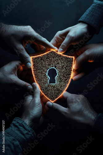 Hands Collaborating Around a Glowing Shield Symbolizing Cybersecurity Protection
