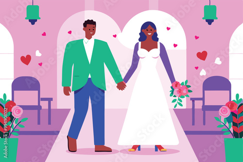 A simple illustration of a bride and groom walking down the aisle with a pink and purple background.