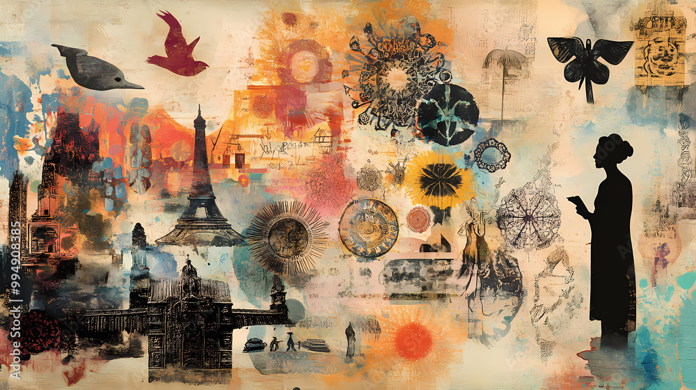 Fototapeta premium A mixed media collage featuring various symbols and imagery from different cultures celebrating the interconnectedness and richness of global traditions. Mixed Media Collage. Illustration
