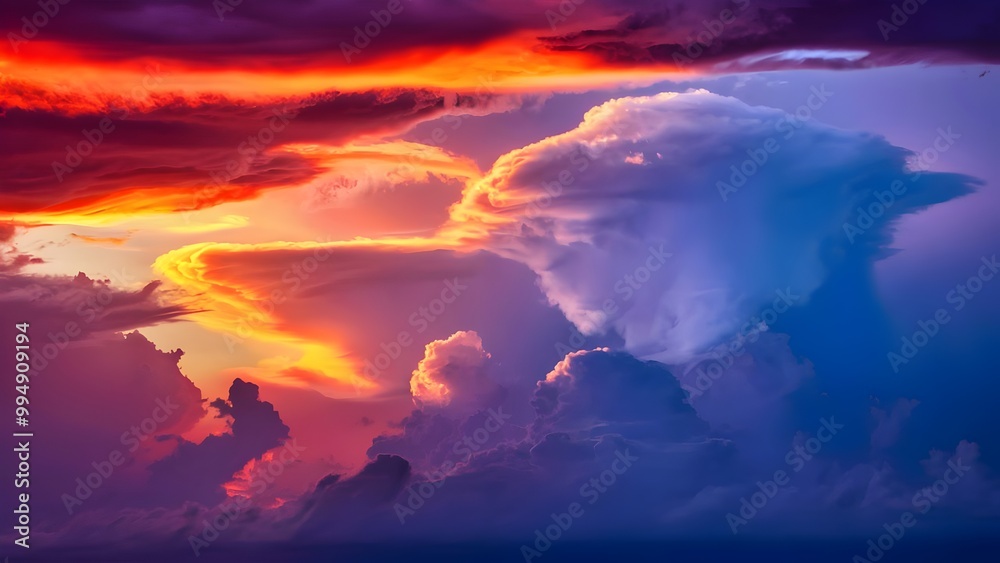 Fototapeta premium Vibrant summer sunset with towering cumulonimbus clouds