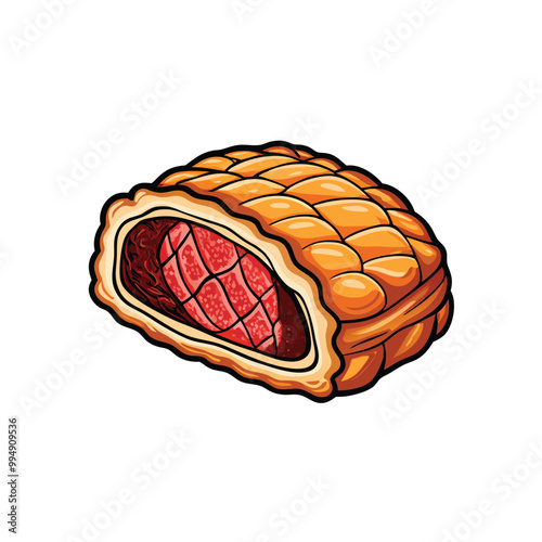 A cartoon illustration of a beef wellington sliced open, showcasing the tender, red meat inside.