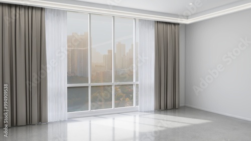 Empty apartment room with large window to cityscape view, white sheer, beige blackout curtain, concealed ceiling with downlight, hidden led light for interior design decoration, product background 3D