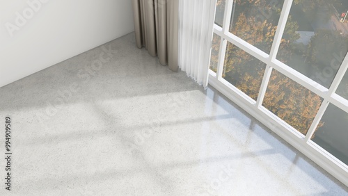 Foto High angle of empty apartment room with gray polished concrete cement floor with