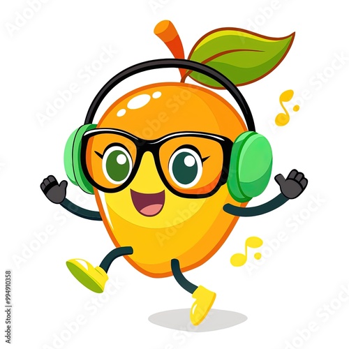 Cute and Funny Dancing Mango With Headphone and glasses. Dancing Mango Illustration on a white background.