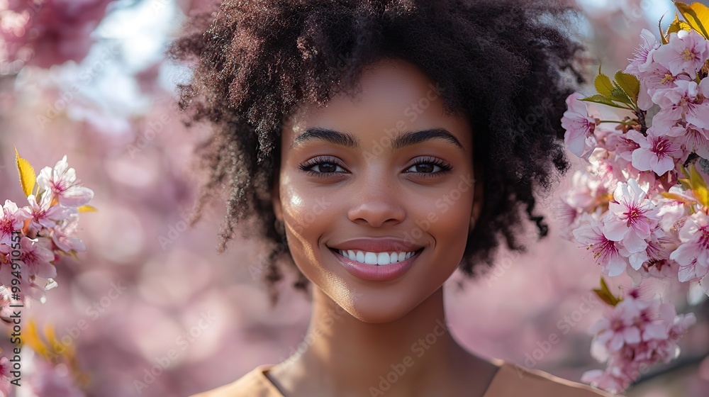 A smiling woman stands among spring blossoms, celebrating the beauty of the season.