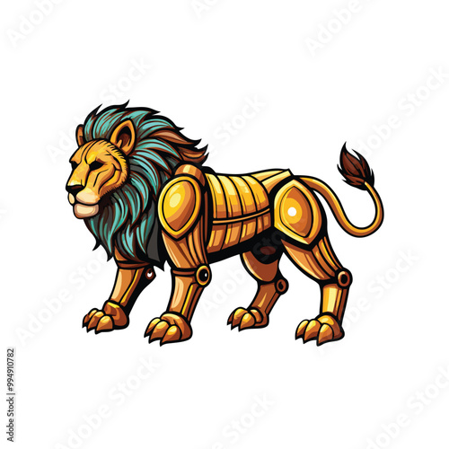 Illustration of a robotic lion, with gold plating and blue mane, standing on all fours.