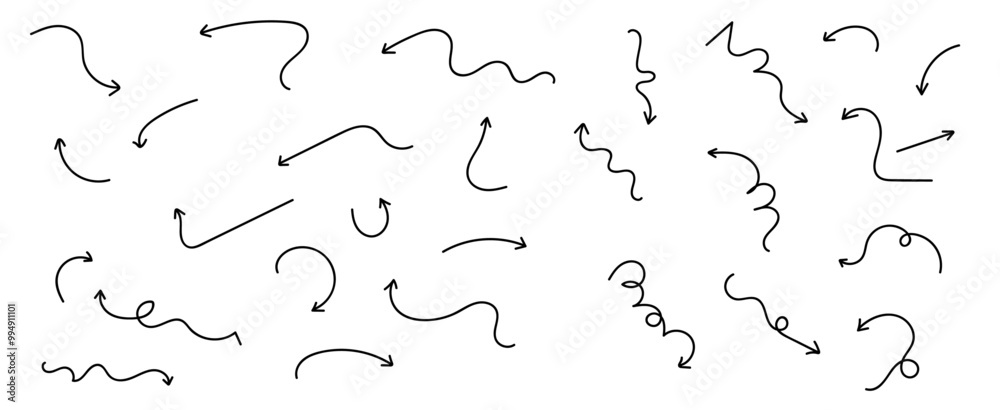 Set of black hand drawn grunge doodle spiral and curved charcoal, chalk arrows on white background. Scribble symbols of direction pointers, quirky twist zigzag line, spring coil, curve wave. vector