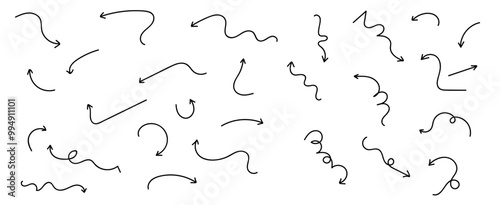 Set of black hand drawn grunge doodle spiral and curved charcoal, chalk arrows on white background. Scribble symbols of direction pointers, quirky twist zigzag line, spring coil, curve wave. vector