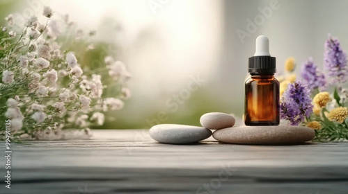 essential oil bottle and stones and fresh flowers