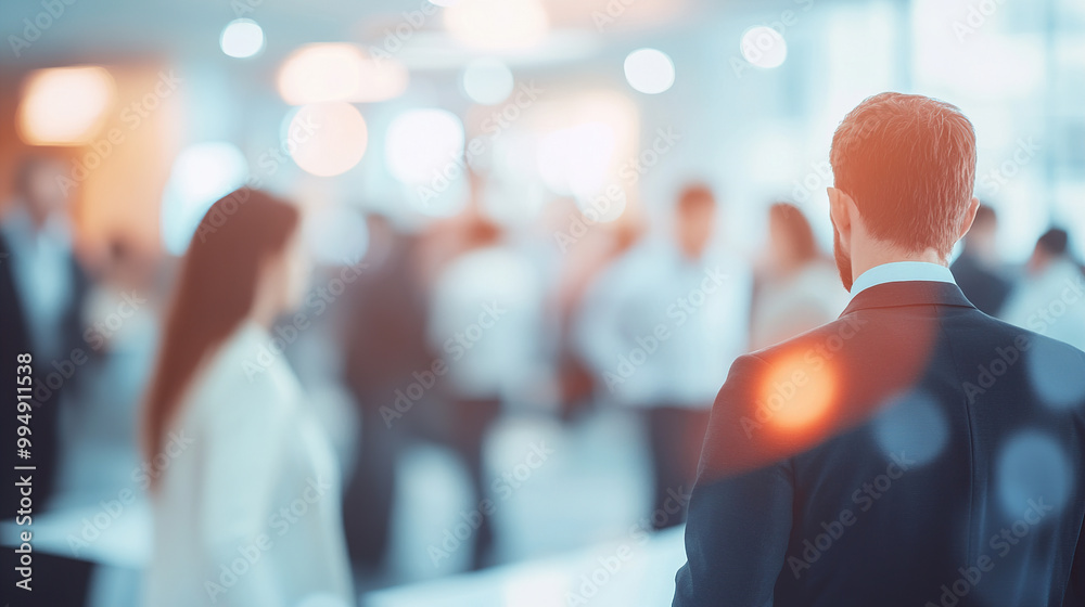Blurred background of a business event with people in a modern office interior, featuring pastel colors and a bokeh effect Blurred background of a business event with people in a modern office interior, featuring pastel colors and a bokeh effect