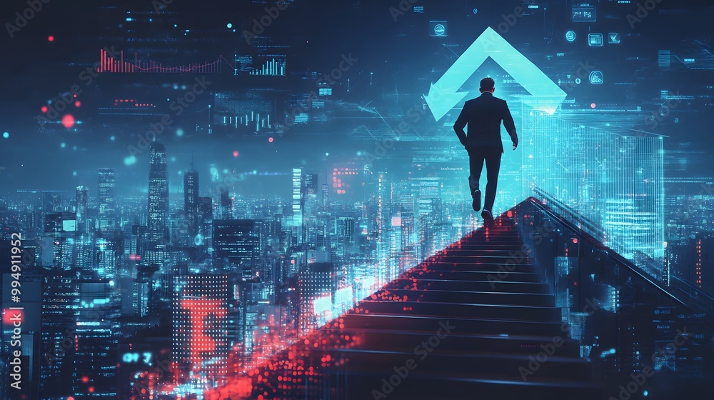 Businessman Walking Up Stairs Towards an Upward Arrow in a Futuristic Cityscape Businessman Walking Up Stairs Towards an Upward Arrow in a Futuristic Cityscape