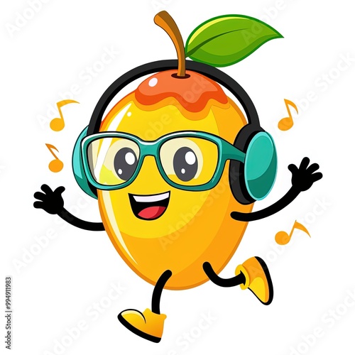 Cute and Funny Dancing Mango With Headphone and glasses. Dancing Mango Illustration on a white background.