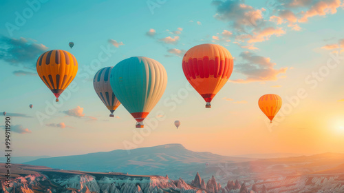 Colorful hot air balloons flying over mountain