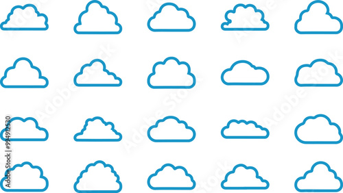 Cloud vector shape set, pack of vector cloud design, isolated white background, adjustable stroke EPS file, various shapes of clouds, cloud networking computing internet