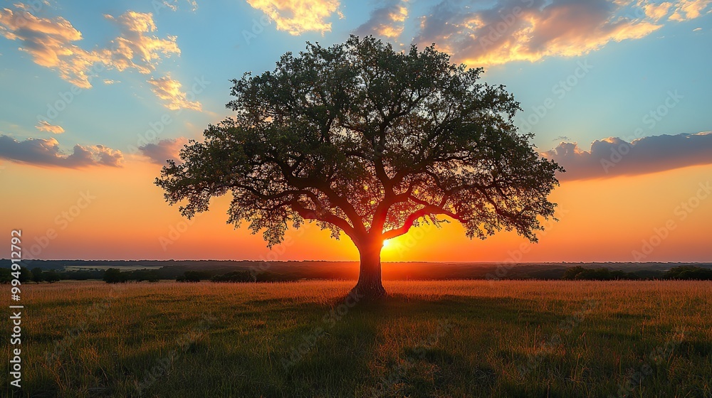 A solitary tree stands against the backdrop of a sunset over a peaceful field. A solitary tree stands against the backdrop of a sunset over a peaceful field.