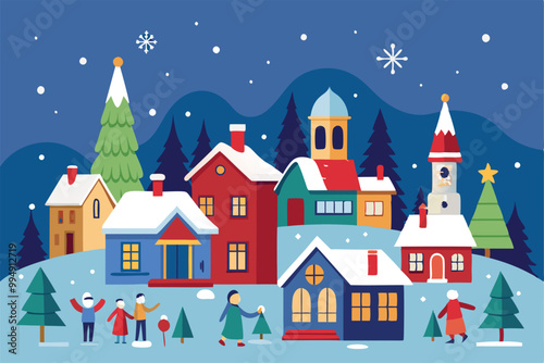 Colorful illustration of a festive Christmas village with decorated houses, snow-covered roofs, and Christmas trees.