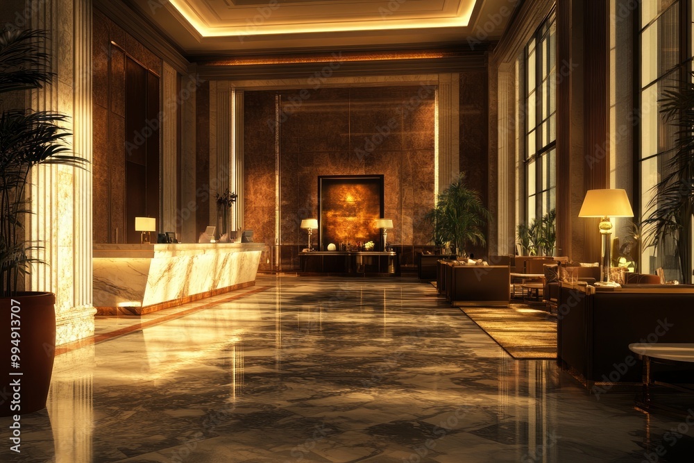 Interior of a luxury hotel lobby in the evening generative ai Interior of a luxury hotel lobby in the evening generative ai