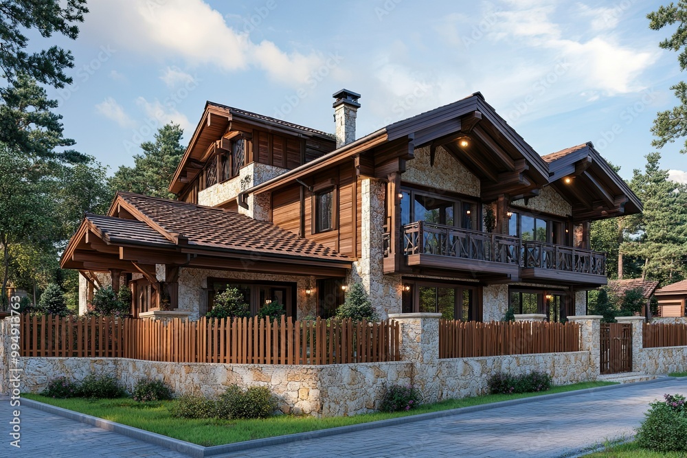 luxury classic brown chalet house with elegant wooden fence house luxury classic brown chalet house with elegant wooden fence house