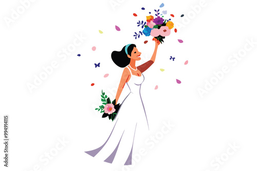 Illustration of a bride in a white dress tossing her bouquet with a small hand.