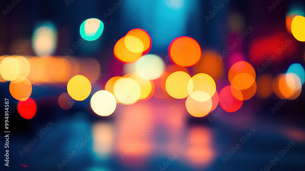 Blurred lights of a city street at night, creating an abstract bokeh background with warm tones and a blurred effect