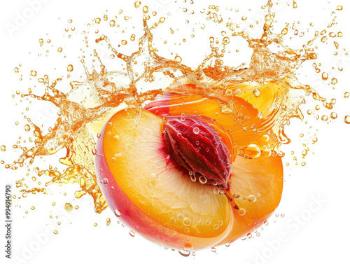 circular peach juice splash swirl, peach floating isolated white background