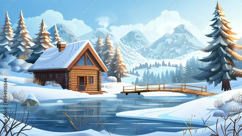Fototapeta premium Winter Wonderland: Cartoon Vector Illustration of a Wooden Cabin on the Shore of a Lake or River with a Bridge