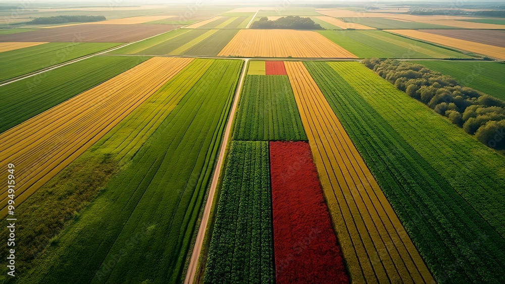 Obraz premium Aerial view of vast agricultural fields showcasing a patchwork of different crops. The expansive landscape highlights the beauty and scale of modern farming practices.