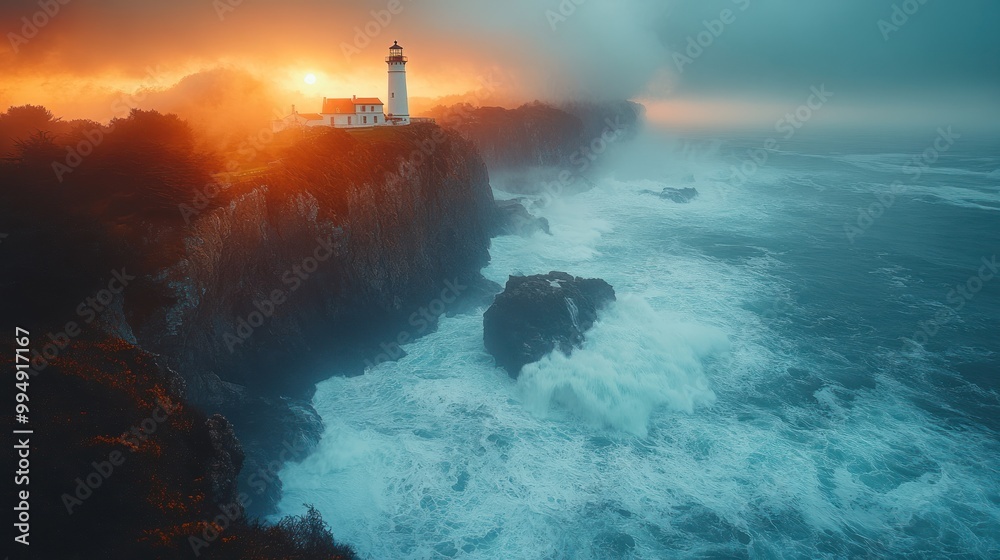 A dramatic lighthouse overlooking turbulent ocean waves at sunset. A dramatic lighthouse overlooking turbulent ocean waves at sunset.