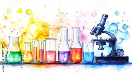 Watercolor science lab background with test tubes