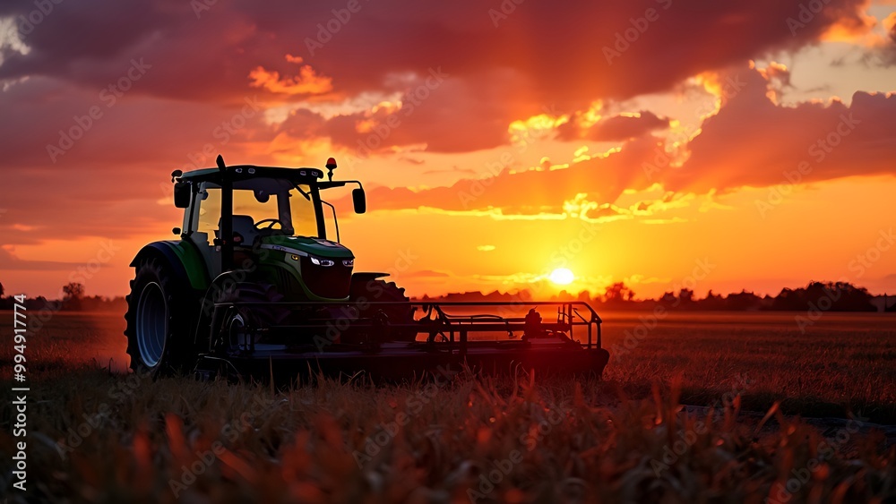 Agricultural machinery working in the fields at sunset, capturing the essence of modern farming. The warm glow of the setting sun highlights the equipment and the expansive farmland.