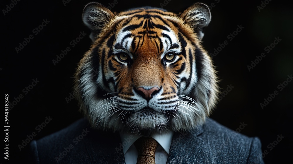 Fototapeta premium A tiger dressed in an elegant suit, exuding confidence as a powerful businessman, poses in a fashion portrait with a charismatic, human-like attitude, reflecting an anthropomorphic charm.