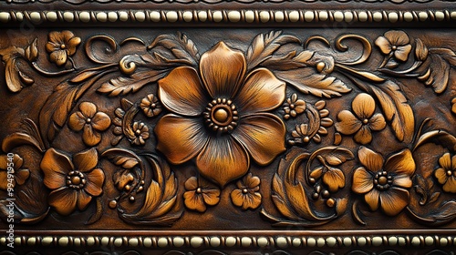 A top-down view of a tooled leather picture frame with white stitching, depicted in a detailed color illustration.