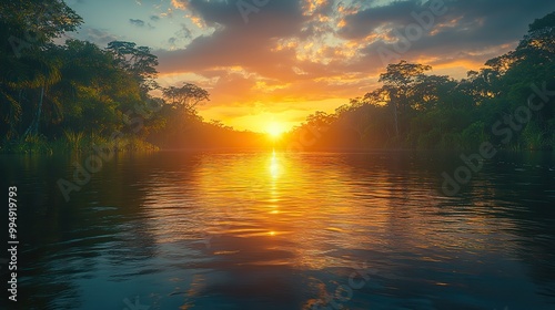 A tropical river flowing through the dense jungle at sunset or sunrise, capturing the essence of the Amazon rainforest.