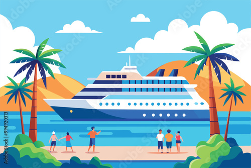 A large cruise ship is docked at a tropical island, with palm trees, clear blue water, and people enjoying the beach.