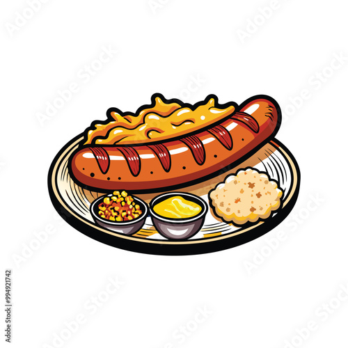 A cartoon illustration of a juicy grilled sausage with mustard and sauerkraut.