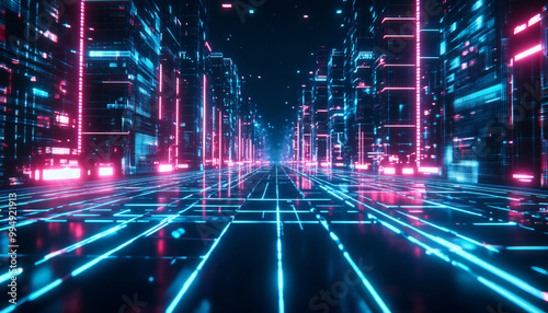 A retro-futuristic design with neon grids, VHS glitches, and pixelated elements, taking inspiration from 80s sci-fi movies and video games