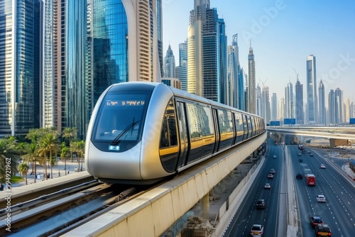 Monorail Subway train rides among glass skyscrapers in Dubai. Traffic on street in Dubai. Museum of the Future in Dubai. Cityscape skyline. Urban background. generative ai photo