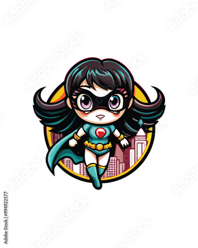 A cute anime girl in a superhero costume with wings flying over a cityscape.